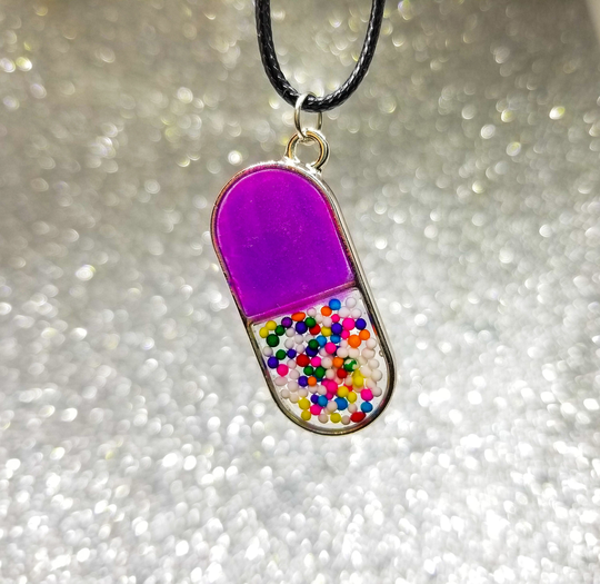 Pill Necklace, Sprinkle Jewelry, Purple Pill, Glow Jewelry For Pharmacist, Candy Pendant, Medicine Pharmacy