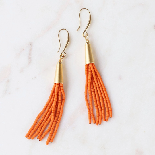 Bead Tassel Earrings, Orange Seed Beaded Statement Birthday Present