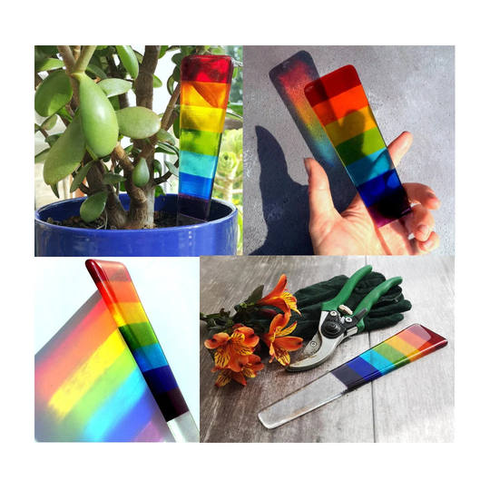 Handmade Fused Glass Rainbow Plant Stake - Marker Herb Garden Ornament Suncatcher Colourful Gift Pot