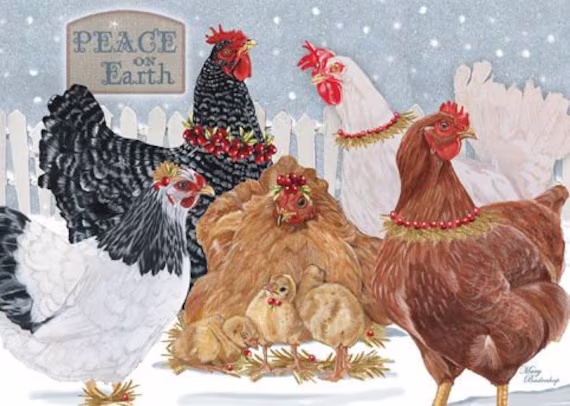 Chicken Group Christmas Cards Set Of 10 & Envelopes