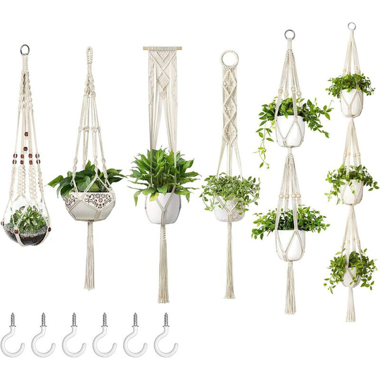 Bearsu - 6 Pack Macrame Plant Hangers with 6 Hooks, Different Tier Handmade Cotton Rope Hanging Planters Set, Flower Pots Holder Stand for Indoor