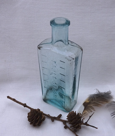 Antique Aqua Medicine Bottle With Tablespoon Graduations Embossed, Taylor Embossed On Base, Apothecary Bottle, Vintage Chemist