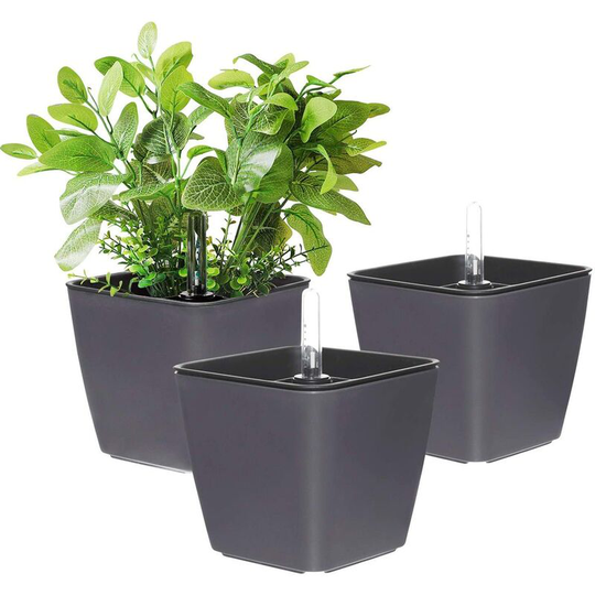 13.5CM Self Watering Plastic Flower Pot with Water Level Indicator - Set of 3 Grey, Pot for Succulent Cactus Herb Planter Container, Modern Decor for
