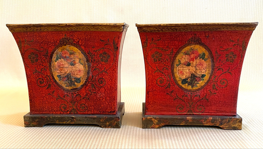 Tole Red & Gold Planters-With Roses-Painted in An Oval Frame-Gold Scroll Details-On Green Marbelized Bases-For Flower Arrangements