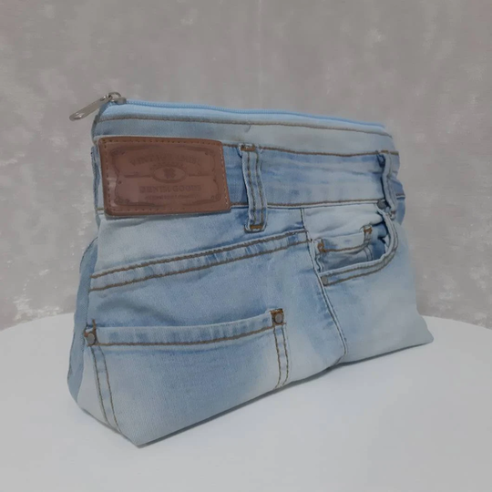 Large Casual Denim Cosmetic Bag, Travel Organizer Of Shabby Jeans, Denim Purse For Makeup & Medicines, Handmade From Ukraine