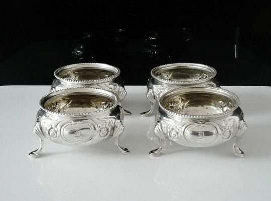 Silver Salt Cauldrons, Sterling, Condiment, Set 4, Antique, English, Tableware, Robert Harper, Hallmarked London 1871, Ref537x