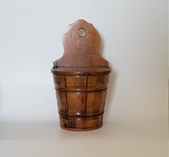 Salt Box With Lid Antique Curved Sides, Wooden Slat Copper Bands, Wall Hanging Cellar