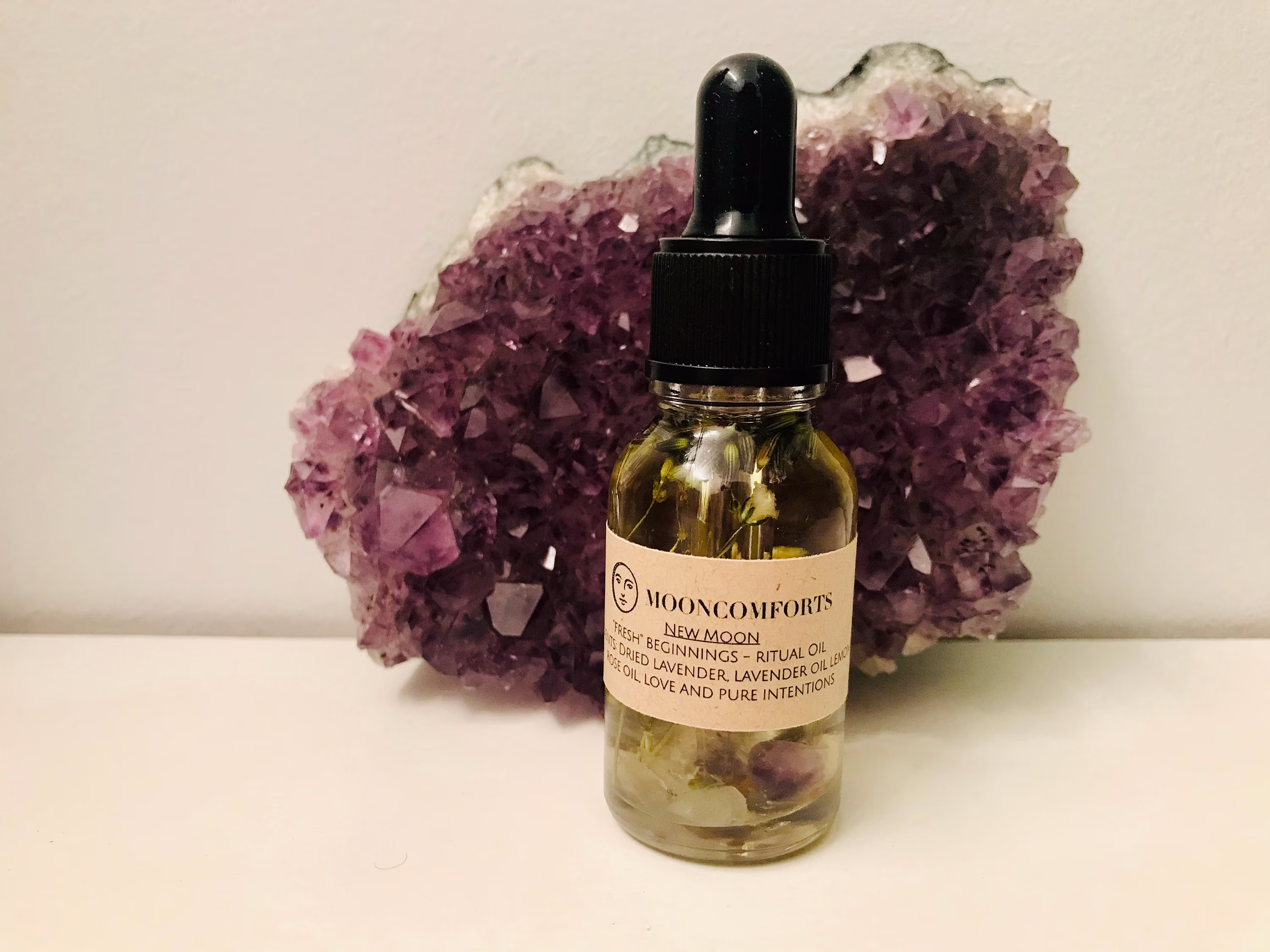 New Moon Oil, Intention Moon, Manifesting Anointing Altar Luxury Bath Ritual, Amethyst Crystals