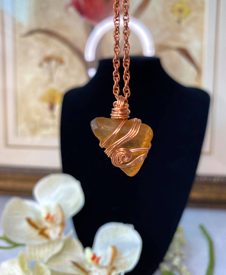 Sea Glass Necklace, Wire Wrapped Pendant Glass, Crystal Copper Pendant, Small Gemstone, Blue