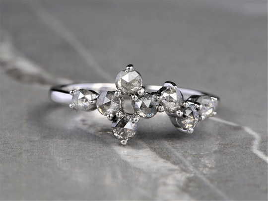 Salt & Pepper Diamond Ring Natural Round Rose Cut Gray Color 14K Gold Anniversry Gift For Her