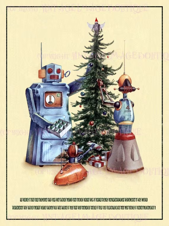 Illustration Of A 1950's Robot Family Decorating Their Tree with Merry Christmas in Binary Caption Seasonal Winter Solstice 5x7 Greeting Card
