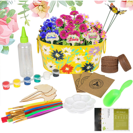 Benobby Kids - Painting Plant Flower Growing Kit-Preschool Garden Play Toy - Gardening Iron Hanging Flower Pots diy - Garden Planter Metal Bucket