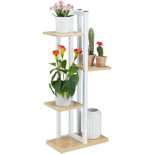 Relaxdays - White Metal Flower Stand, 4-Tier Indoor Pot Shelf, Wooden Look, 93 x 42.5 x 22.5 cm, Plant Rack, Light Brown
