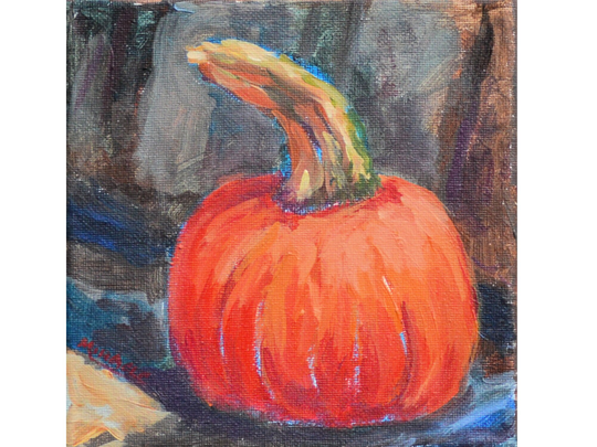 Little Sugar Baby, Pumpkin, Seasonal, Original Painting, Mini, 6 X 6, Fall, Autumn, Square, Impressionist, Pie, Decorative, Bright Colors