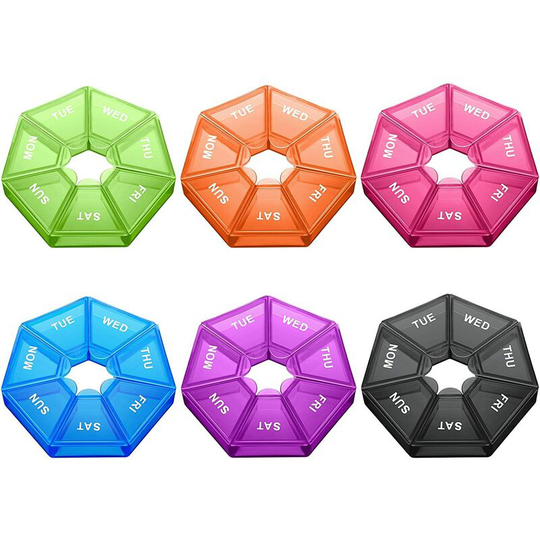 Perle Rare - 6 Small Pill Boxes Round Pill Box Small Pill Storage Box 7 Days Mini 7-Sided Pill Storage Box Medicine Box Pill Reminder (Bright Colors)
