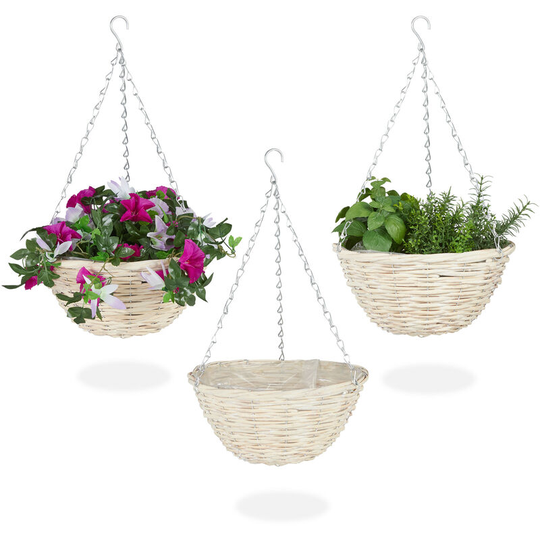 Set of 3 Hanging Plant Basket, Handmade Rattan Wicker, with Foil, Light Flower Pots, HxØ: 15 x 30 cm, Natural - Relaxdays