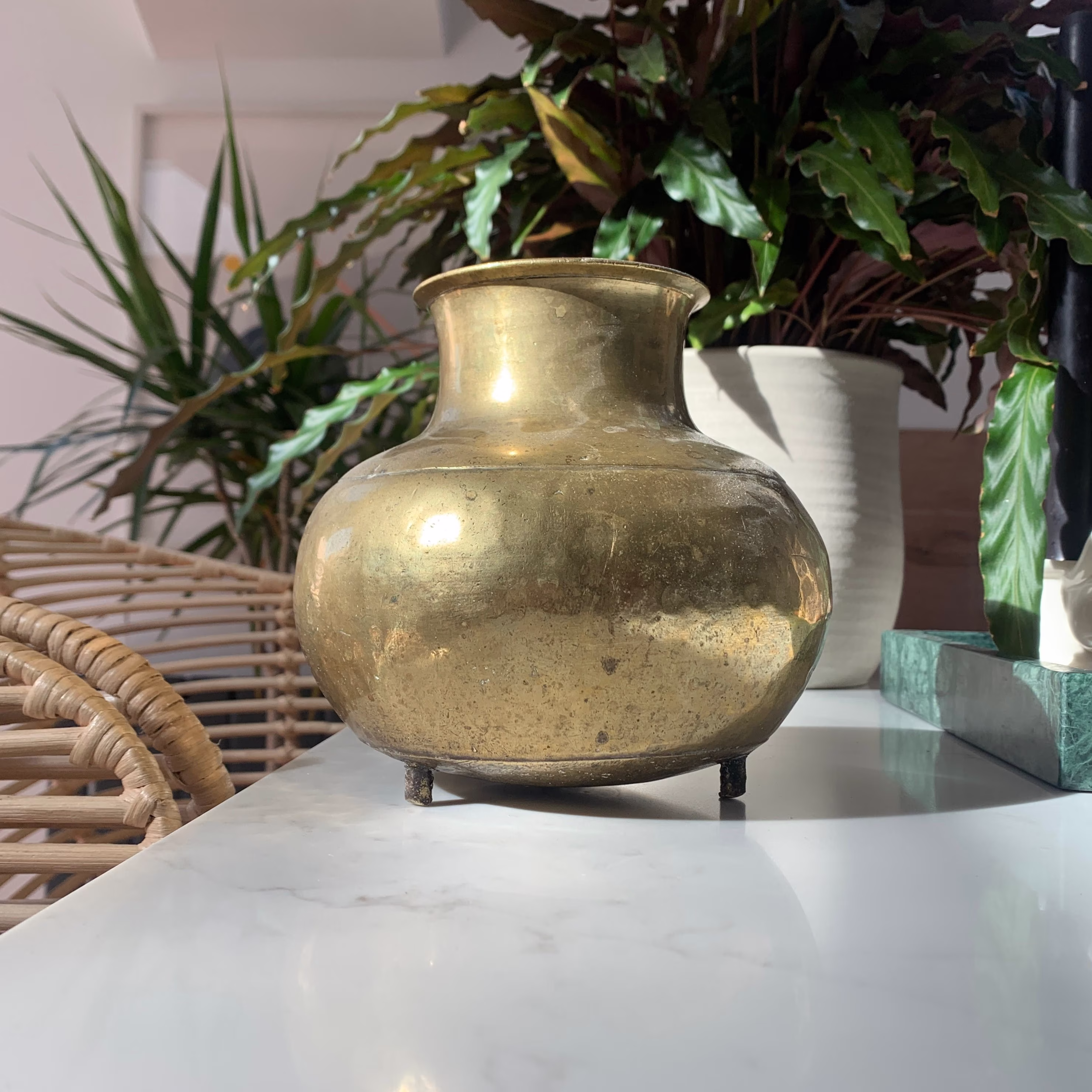 Thick Brass Footed Pot, Jardiniere, Vase Or Planter, Decorative Homeware, Indoor Hammered Pot