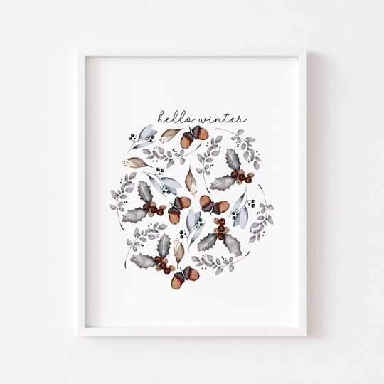 Hello Winter Watercolour Circle Illustration Brown+Grey Foliage Style Unframed Print|Christmas Prints|xmas Decor|Seasonal Art