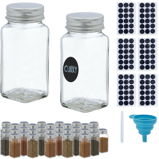 Spice Jars, Set of 36, Sprinkling Insert, Glass Herb Containers, 120 ml, Labels, Pen & Funnel, Transparent - Relaxdays