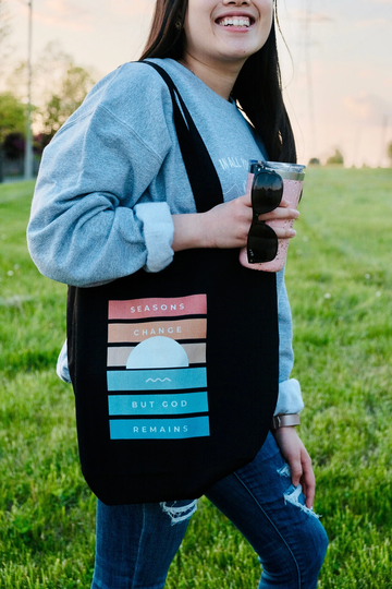 Seasons Change But God Remains Charcoal Eco Tote Bag - Tote Bag, Christian Black Tote, Canvas Sunrise Everyday Use