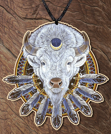 White Buffalo Eagle Feathers Totem Animal Spirit Laser Cut Wooden Printed Ornament Medicine Shield Talisman