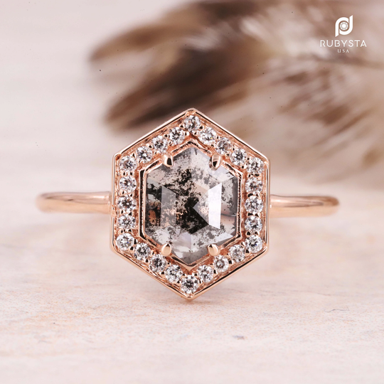 14K Salt & Pepper Diamond Ring | Hexagon Diamond Pepper Engagement Ring Solid Gold Hexagon