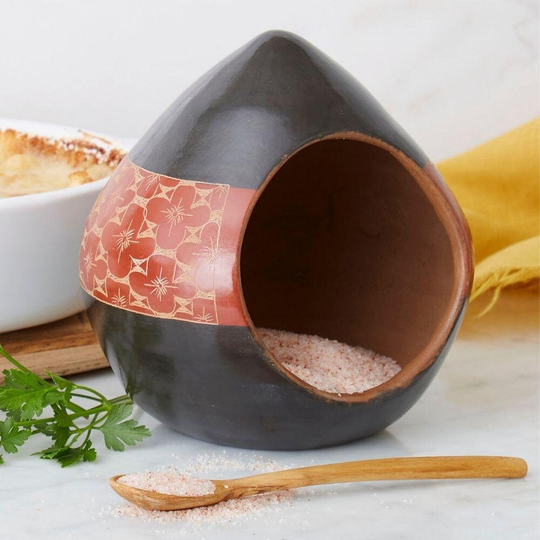 Nicaragua Black Rust Flower Etched Terracotta Salt Cellar