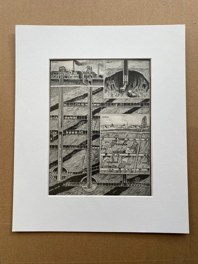 1930S Mining Diagram Original Vintage Print - Coal Mine Salt Gold Mounted & Matted Available Framed