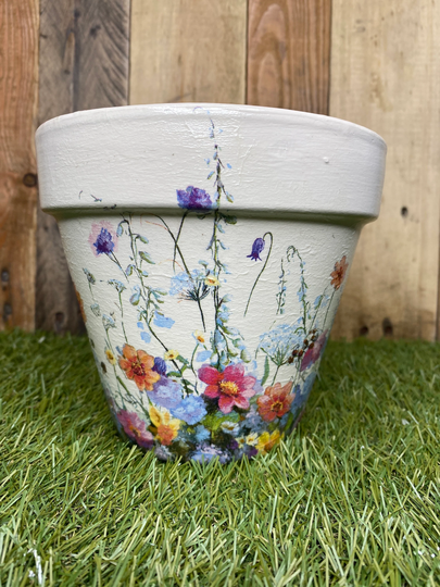 Pretty Flowers Plant Pot, Meadow Decoupaged 15cm Terracotta Birthday Gift