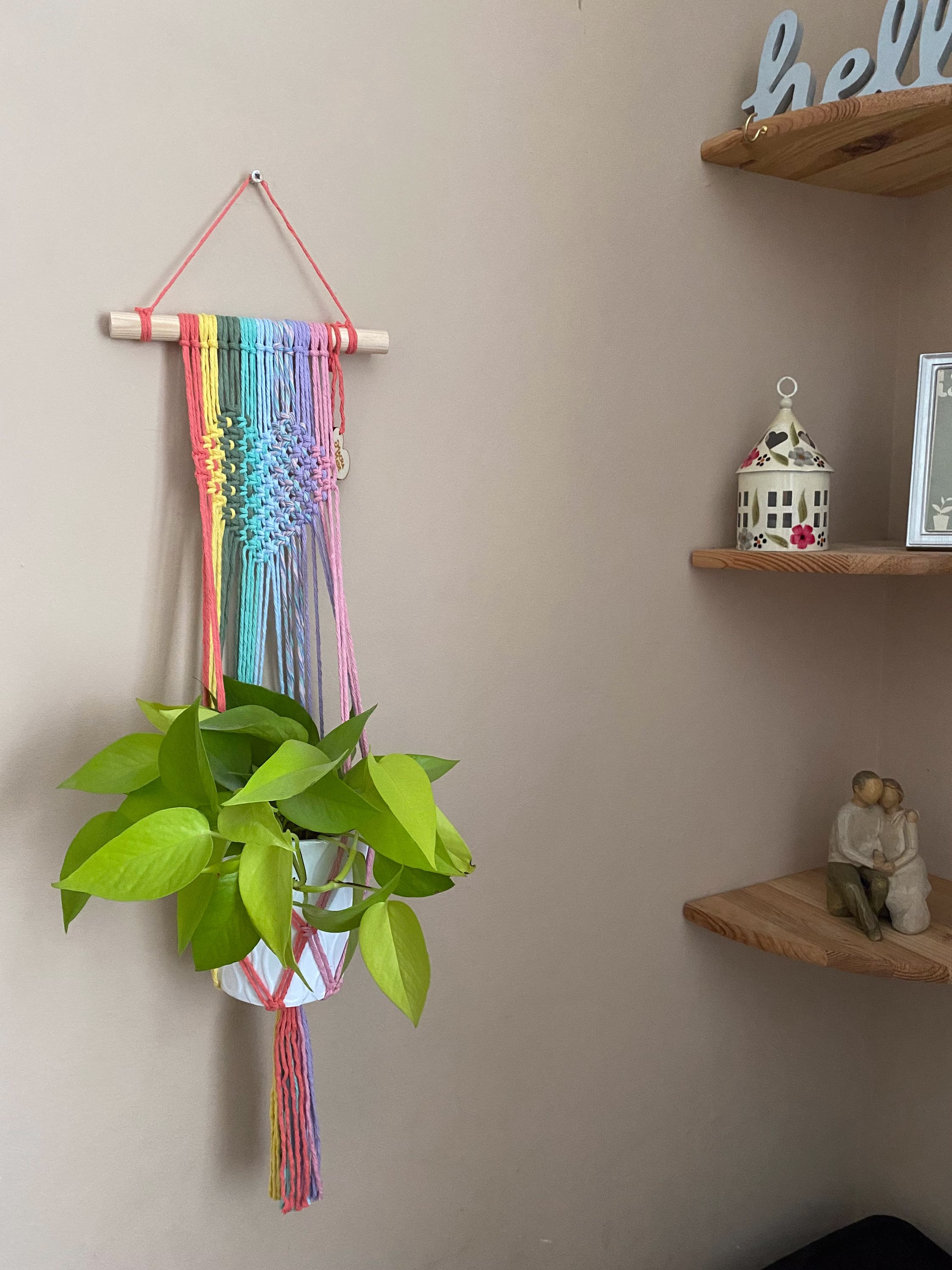 Pastel Rainbow Heart Plant Holder, Macrame Hanger, Macrame Home Decor, Wall Holder, Natural Wood, Boho Decor