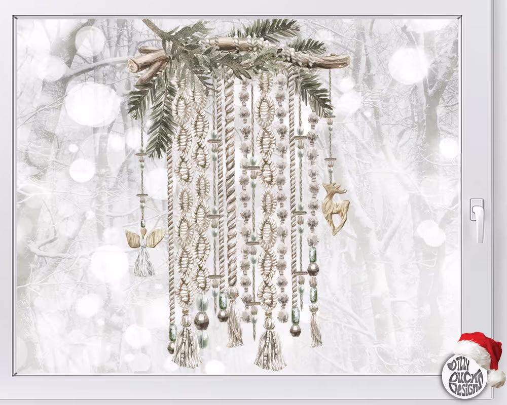 Boho Christmas Macrame Window Decal Tall - Classy Watercolour Xmas Stickers Reusable Seasonal Clings By Dizzy Duck