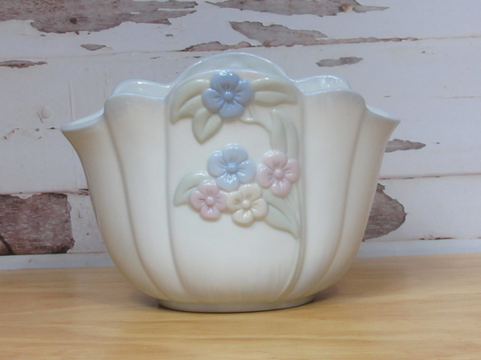 Vintage Planter - 1992 Ftd Floral Arrangement Vase White Ruffled Oval Glass Pot W Pink Blue Yellow Green Pastel Flowers