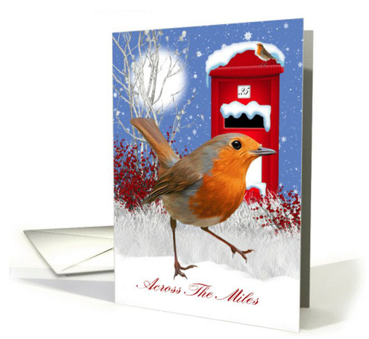 Robin, Across The Miles Winter Holiday Card - Christmas Card, Post Box & Robin in Snow