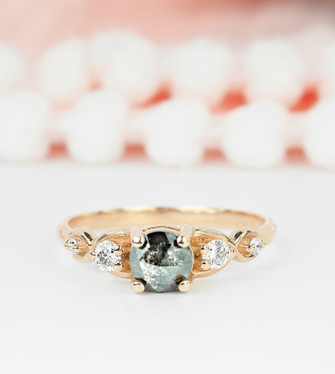 Salt & Pepper Engagement Ring | Round Cut Diamond Vintage Bridal Anniversary in Rose Gold