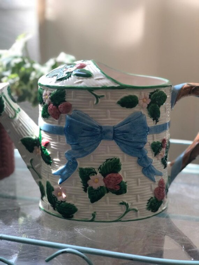 Vintage 1980's Haldon Group Ceramic Watering Can Ribbon Blue Bow Basket Weave Flowers & Strawberries, Grandmillennial Home Decor