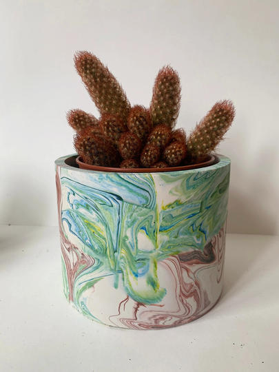 Large Multicoloured Jesmonite Plant Pot - Celebes Collection Blue, Brown, Yellow, Green Marbled