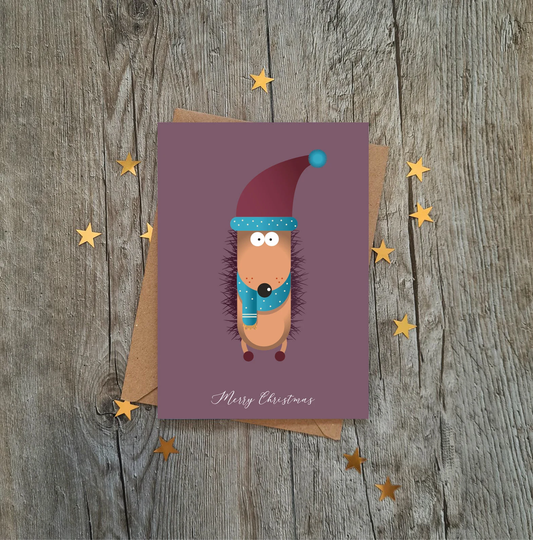 Cute Purple Hedgehog Christmas Card | Merry Xmas Holidays Luxury Seasons Greetings Dog Snowman Reindeer Santa