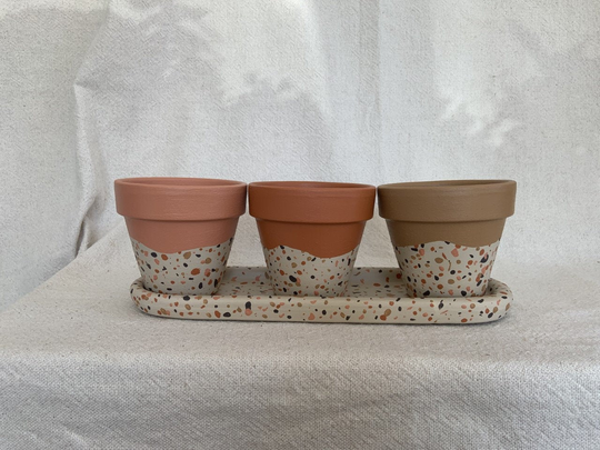 Trio Of Hand Painted Indoor Plant Pots With Matching Tray | Faux Terrazzo Textured Finish 11cm Diameter Boho