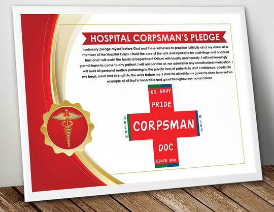 Us Navy Hospital Corpsman Pledge Certificate Appreciation 11x17 Doc Medical Field Combat Fleet School Operations First Aid Responder