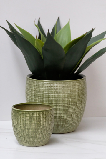 Green Textured Ceramic Planter - Various Sizes House Plant Pot Indoor Minimalist Modern Cover Cross Hatch Design