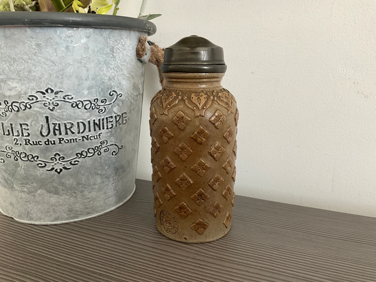 Antique French Beauvais Stoneware Tobacco Pot With Pewter Lid, Salt Glazed Jar