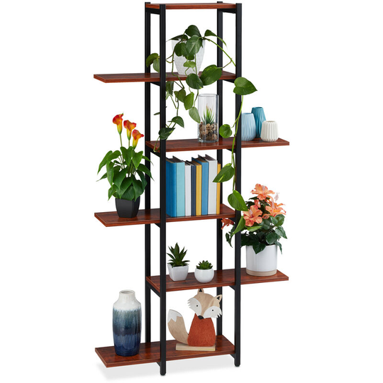 Relaxdays - Large Plant Stand, Modern Pot Holder with 6 Tiers, 150 x 78 x 24 cm, Black Metal Frame, mdf Shelving; Brown