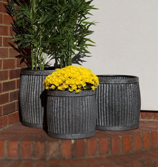 Set Of 3 Round Vintage Style Galvanised Metal Dolly Tub Barrel Planter Plant Flower Pot Garden