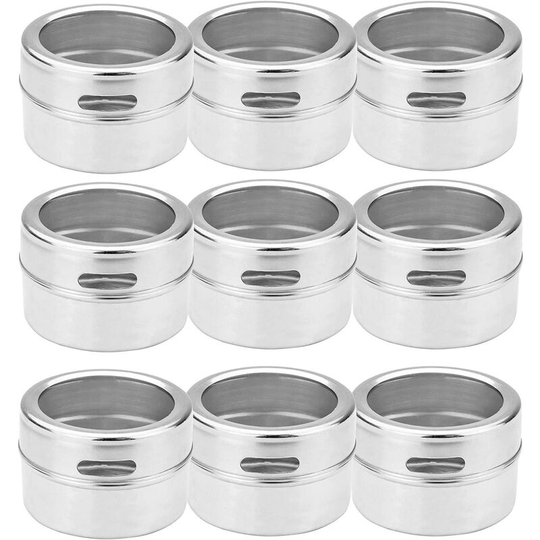 Magnetic spice boxes - set of 9 | Labels included | Stainless Steel Spice Jars | Pots of herbs | Shakers seasoning
