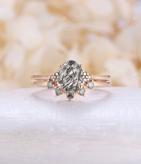Vintage Black Rutilated Quartz Engagement Ring Set Rose Gold Art Deco Salt & Pepper Diamond Cluster Matching Wedding Band Bridal