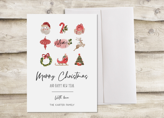 Merry Christmas & Happy New Year Non-Photo Card With Envelope, Winter Icons Family Card, Holiday Illustrations Without Photograph