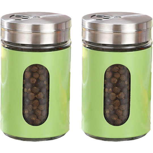 Salt and Pepper Shakers Stainless Steel and Glass Set with Adjustable Pour Holes 2pcs green