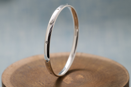 Kerensa Diamond Bangle, Salt & Pepper Diamonds - Sterling Silver Bracelet, Handmade in Cornwall. Heavy Bangle London Hallmarked. 6mm Wide