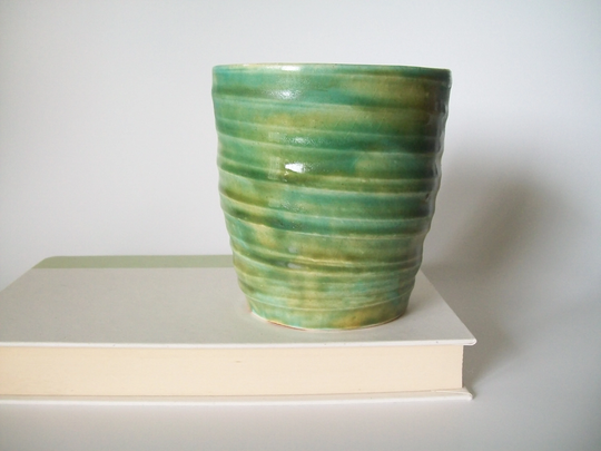 Vintage Pottery Vase Planter, Handmade Wheel Thrown, Green/Blue Glaze, Student/Art Class/School, Signed