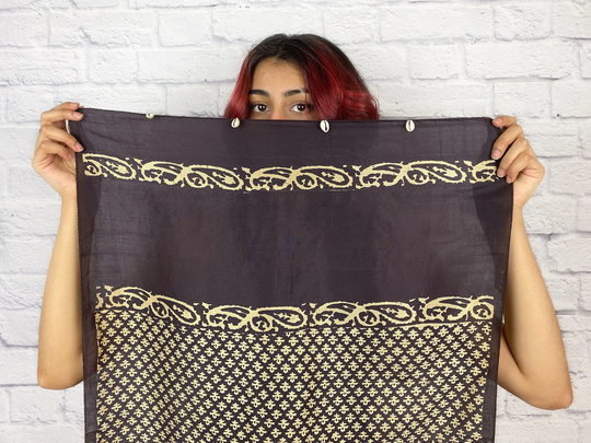 Hand Block Print Pure Silk Scarf For Women, Boho Stole Her, 100% Shawl Wrap, All Season Scarf, With Cowrie Shell Tassels